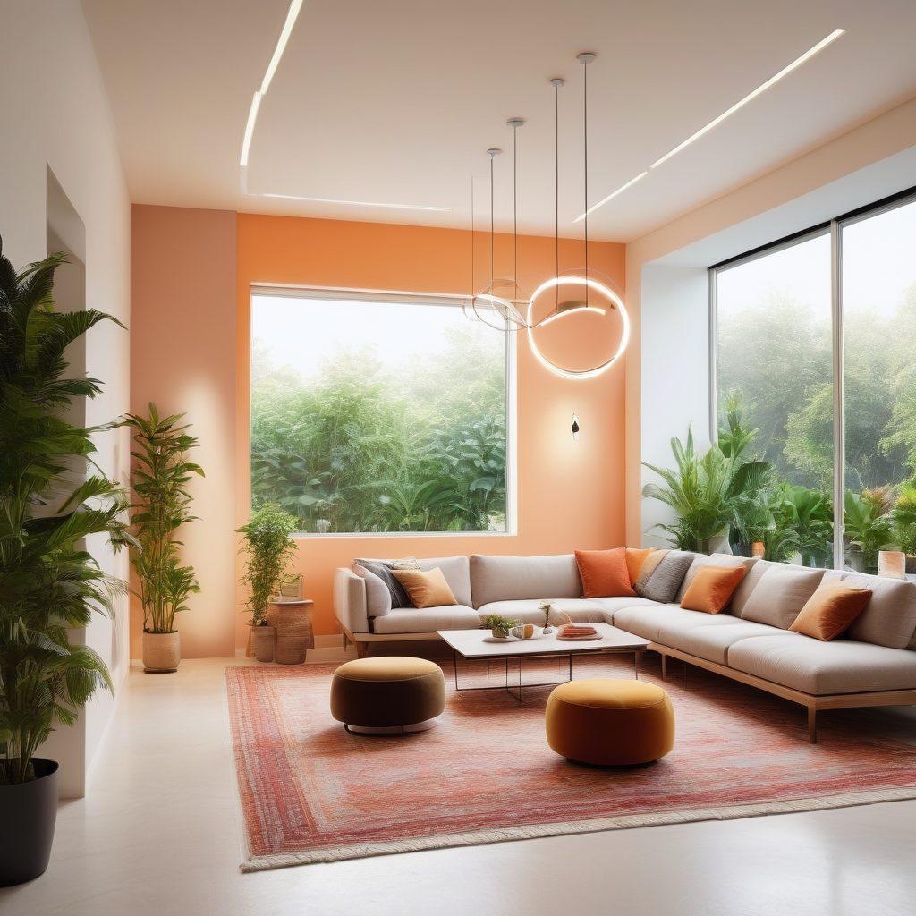 A modern living space illuminated by innovative lighting fixtures that blend seamlessly with the environment, showcasing various types of light sources such as pendant lights, LED strips, and solar-powered lamps. The backdrop features a lush indoor garden, highlighting the integration of sustainability. The overall color palette is warm and inviting, with dynamic lighting effects creating a cozy atmosphere. super-realistic. vibrant colors. white background.