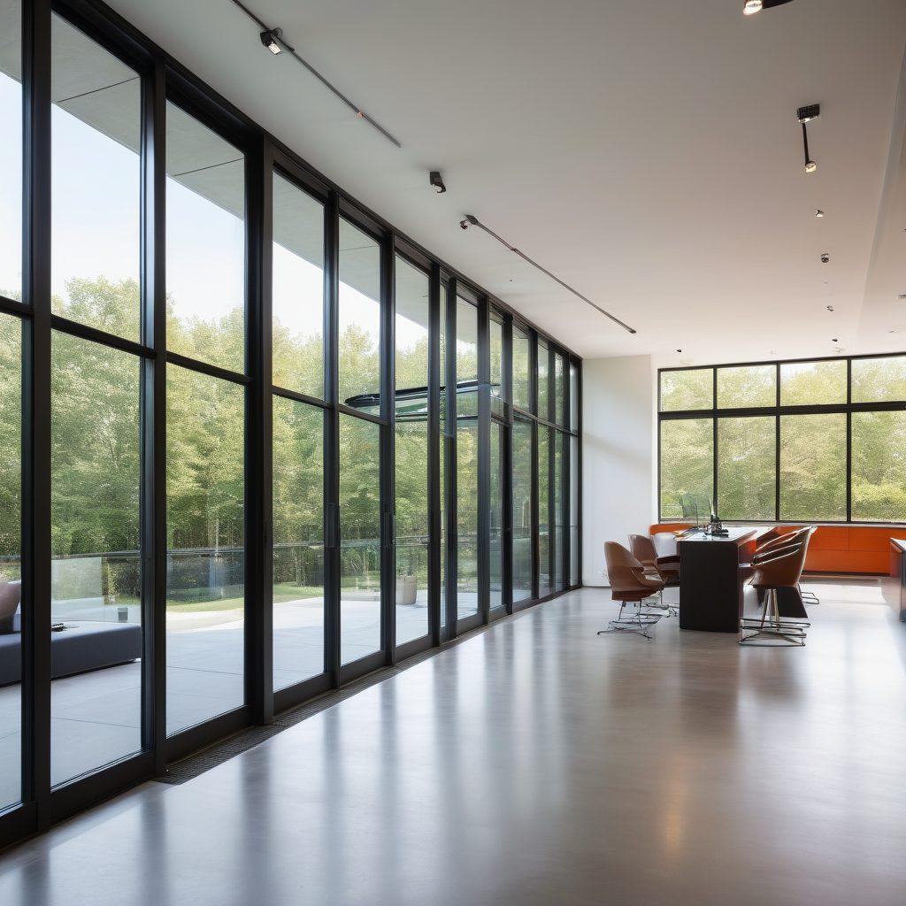 A sleek modern home with visible safety features like surge protectors and circuit breakers, combined with a bustling office with efficient electrical installations such as LED lights and smart devices. Include blueprints and tools scattered around to symbolize installation processes. The atmosphere is bright, showcasing both residential and commercial aspects in harmony. contemporary style. vibrant colors.